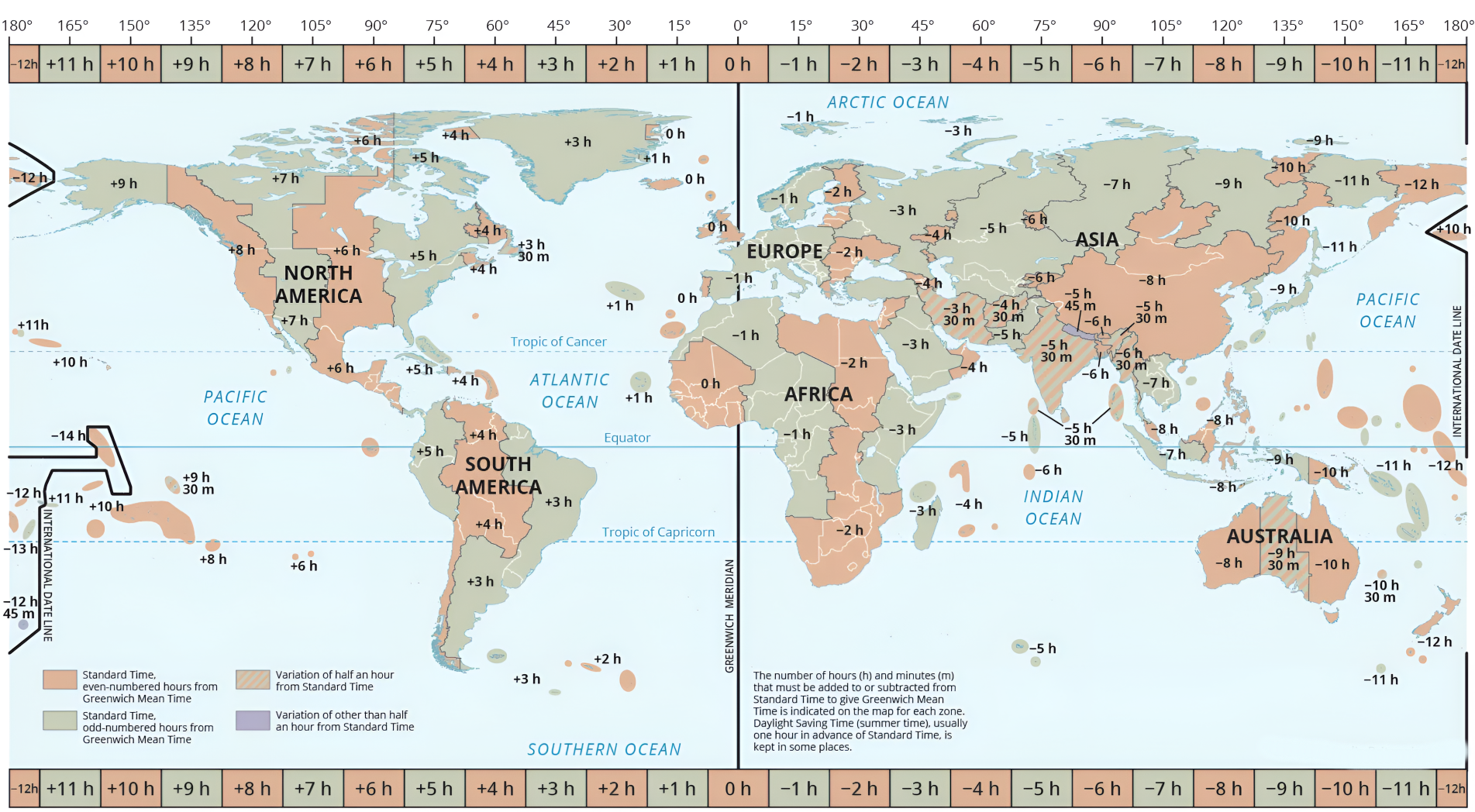 World map showing time zones with UTC offsets ranging from -12 to +14 hours.